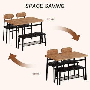 Dining Table Set for 4, Kitchen Table with Bench and Chairs, Bench Dining Set W/Metal Frame & Storage Rack,Kitchen Table and 2 Chairs with Bench for Dining Room(Black Beach+Brown Table+Chairs)