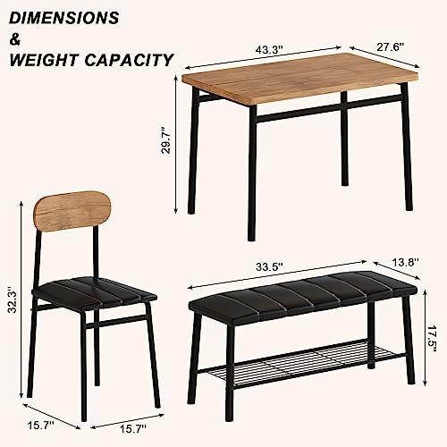 Dining Table Set for 4, Kitchen Table with Bench and Chairs, Bench Dining Set W/Metal Frame & Storage Rack,Kitchen Table and 2 Chairs with Bench for Dining Room(Black Beach+Brown Table+Chairs)