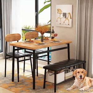 dining table set for 4, kitchen table with bench and chairs, bench dining set w/metal frame & storage rack,kitchen table and 2 chairs with bench for dining room(black beach+brown table+chairs)