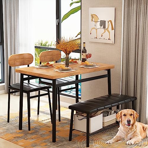 Dining Table Set for 4, Kitchen Table with Bench and Chairs, Bench Dining Set W/Metal Frame & Storage Rack,Kitchen Table and 2 Chairs with Bench for Dining Room(Black Beach+Brown Table+Chairs)