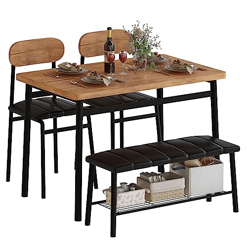 Dining Table Set for 4, Kitchen Table with Bench and Chairs, Bench Dining Set W/Metal Frame & Storage Rack,Kitchen Table and 2 Chairs with Bench for Dining Room(Black Beach+Brown Table+Chairs)