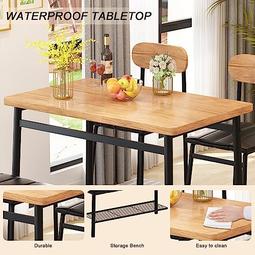 Dining Table Set for 4, Kitchen Table with Bench and Chairs, Bench Dining Set W/Metal Frame & Storage Rack,Kitchen Table and 2 Chairs with Bench for Dining Room(Black Beach+Brown Table+Chairs)