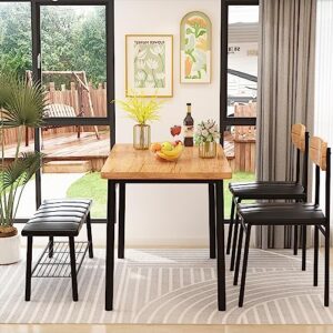 Dining Table Set for 4, Kitchen Table with Bench and Chairs, Bench Dining Set W/Metal Frame & Storage Rack,Kitchen Table and 2 Chairs with Bench for Dining Room(Black Beach+Brown Table+Chairs)