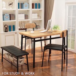 Dining Table Set for 4, Kitchen Table with Bench and Chairs, Bench Dining Set W/Metal Frame & Storage Rack,Kitchen Table and 2 Chairs with Bench for Dining Room(Black Beach+Brown Table+Chairs)