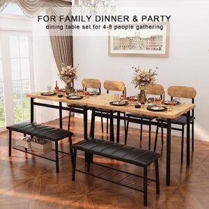 Dining Table Set for 4, Kitchen Table with Bench and Chairs, Bench Dining Set W/Metal Frame & Storage Rack,Kitchen Table and 2 Chairs with Bench for Dining Room(Black Beach+Brown Table+Chairs)