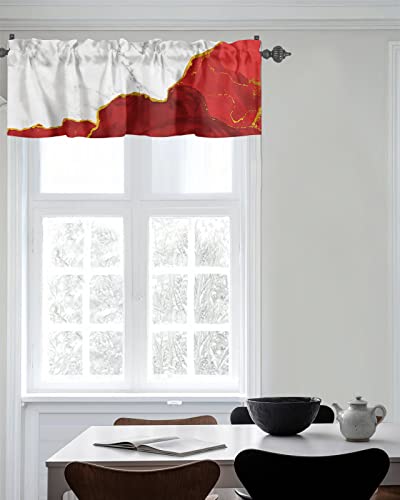Curtain Valance for Windows Red White Gradient Marble Gold Edge Kitchen Valances Rod Pocket Short Curtains,Simple Abstract Art Window Treatment Panel for Living Room Bathroom Bedroom 60x18in