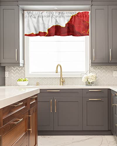 Curtain Valance for Windows Red White Gradient Marble Gold Edge Kitchen Valances Rod Pocket Short Curtains,Simple Abstract Art Window Treatment Panel for Living Room Bathroom Bedroom 60x18in