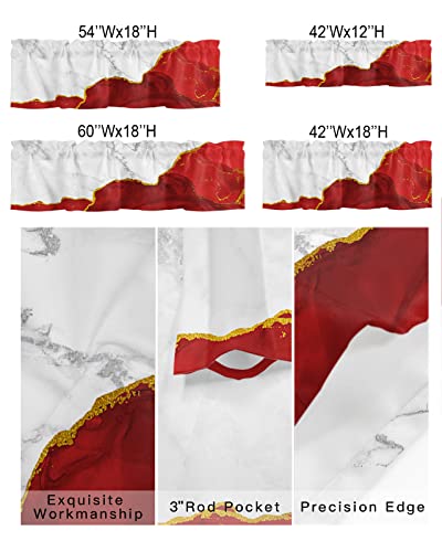 Curtain Valance for Windows Red White Gradient Marble Gold Edge Kitchen Valances Rod Pocket Short Curtains,Simple Abstract Art Window Treatment Panel for Living Room Bathroom Bedroom 60x18in