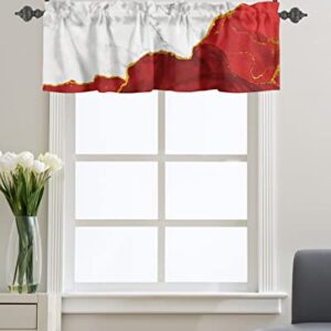 Curtain Valance for Windows Red White Gradient Marble Gold Edge Kitchen Valances Rod Pocket Short Curtains,Simple Abstract Art Window Treatment Panel for Living Room Bathroom Bedroom 60x18in