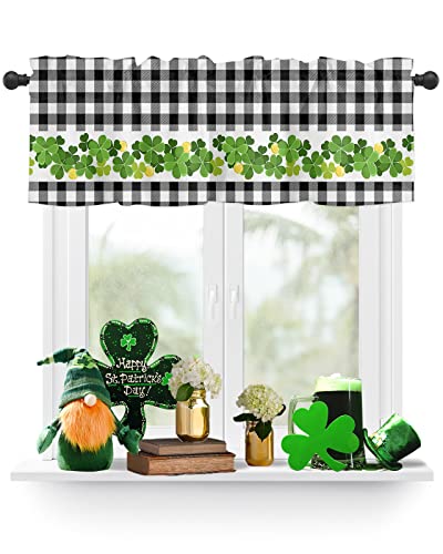 Curtain Valance for Windows St. Patrick's Day Clover Gold Kitchen Valances Rod Pocket Short Curtains,White Black Checker Plaid Window Treatment Panel for Living Room Bathroom Bedroom 60x18in