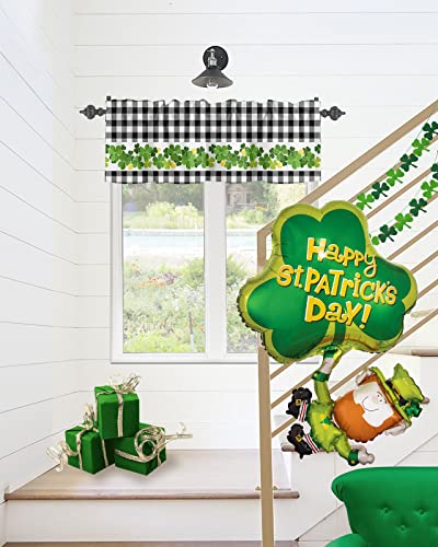 Curtain Valance for Windows St. Patrick's Day Clover Gold Kitchen Valances Rod Pocket Short Curtains,White Black Checker Plaid Window Treatment Panel for Living Room Bathroom Bedroom 60x18in