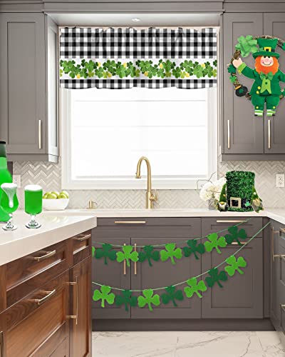 Curtain Valance for Windows St. Patrick's Day Clover Gold Kitchen Valances Rod Pocket Short Curtains,White Black Checker Plaid Window Treatment Panel for Living Room Bathroom Bedroom 60x18in