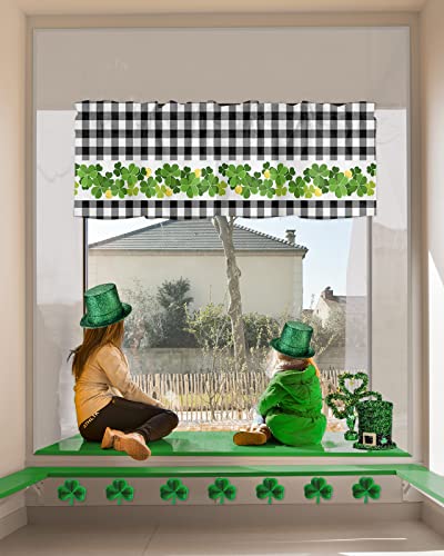 Curtain Valance for Windows St. Patrick's Day Clover Gold Kitchen Valances Rod Pocket Short Curtains,White Black Checker Plaid Window Treatment Panel for Living Room Bathroom Bedroom 60x18in