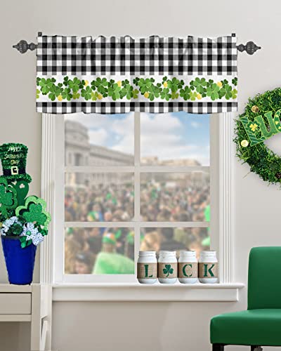 Curtain Valance for Windows St. Patrick's Day Clover Gold Kitchen Valances Rod Pocket Short Curtains,White Black Checker Plaid Window Treatment Panel for Living Room Bathroom Bedroom 60x18in