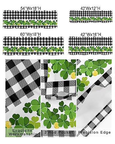 Curtain Valance for Windows St. Patrick's Day Clover Gold Kitchen Valances Rod Pocket Short Curtains,White Black Checker Plaid Window Treatment Panel for Living Room Bathroom Bedroom 60x18in