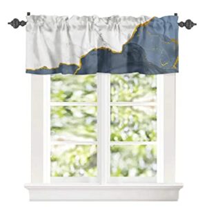 WARM TOUR Curtain Valance for Windows Ink Blue White Marble Gradient Kitchen Valances Rod Pocket Short Curtains,Gold Edge Abstract Art Window Treatment Panel for Living Room Bathroom Bedroom 60x18in