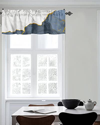 WARM TOUR Curtain Valance for Windows Ink Blue White Marble Gradient Kitchen Valances Rod Pocket Short Curtains,Gold Edge Abstract Art Window Treatment Panel for Living Room Bathroom Bedroom 60x18in