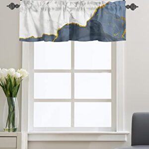 WARM TOUR Curtain Valance for Windows Ink Blue White Marble Gradient Kitchen Valances Rod Pocket Short Curtains,Gold Edge Abstract Art Window Treatment Panel for Living Room Bathroom Bedroom 60x18in