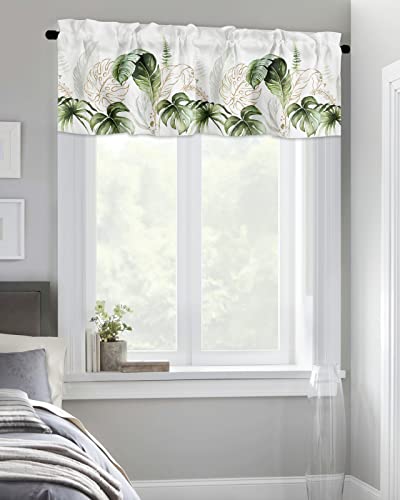 Curtain Valance for Windows Summer Tropical Monstera Leaves Kitchen Valances Rod Pocket Short Curtains,Green Plants Foliage Gold Powder on White Window Treatment Panel for Living Room 42x12in