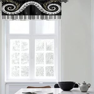 Curtain Valance for Windows Black White Piano Keys Gold Notes Kitchen Valances Rod Pocket Short Curtains,Music Instrumental Stave Swirl Window Treatment Panel for Living Room Bathroom Bedroom 42x12in