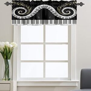 Curtain Valance for Windows Black White Piano Keys Gold Notes Kitchen Valances Rod Pocket Short Curtains,Music Instrumental Stave Swirl Window Treatment Panel for Living Room Bathroom Bedroom 42x12in
