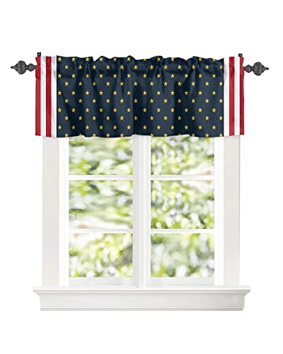 Curtain Valance for Windows American Flag Gold Stars 4th of July Kitchen Valances Rod Pocket Short Curtains,Red White Stripe Patriotic Pentagram Window Treatment Panel for Living Room 60x18in