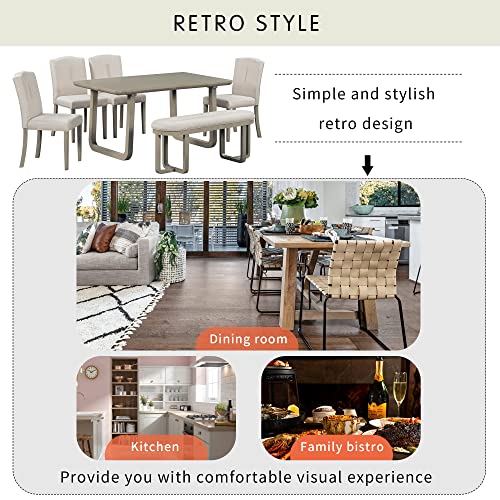 GLORHOME 6-Piece Retro-Style Set Table, 4 Upholstered Chairs & Bench | Foam-Covered Seat Backs & Cushions | Ideal for Dining Room | Light Khaki+Beige