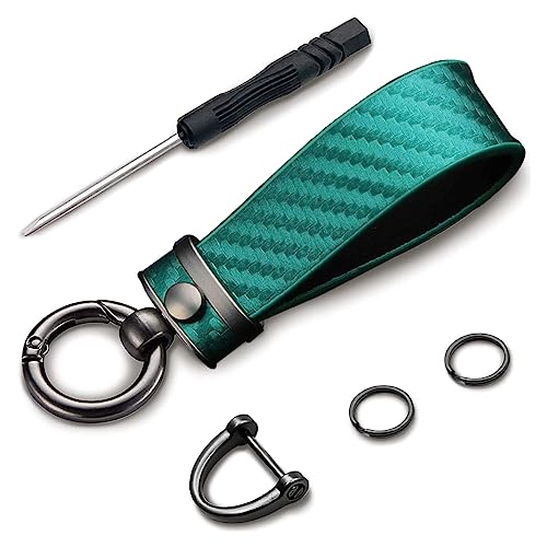 Kewucn Carbon Fiber Style Car Key Chain, Microfiber Leather Keychain, 360 Degree Rotatable Anti-Lost D-Ring Key Fob Holder (Green)