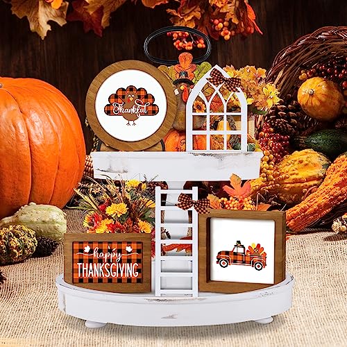 Tiered Tray Decor for Halloween/Thanksgiving/Christmas, Interchangeable Holiday Buffalo Plaid Wood Signs Farmhouse Decor - Rustic Wooden Decor for Halloween Thanksgiving Christmas Decorations