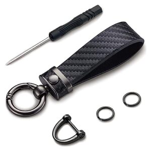 kewucn carbon fiber style car key chain, microfiber leather keychain, 360 degree rotatable anti-lost d-ring key fob holder (black)