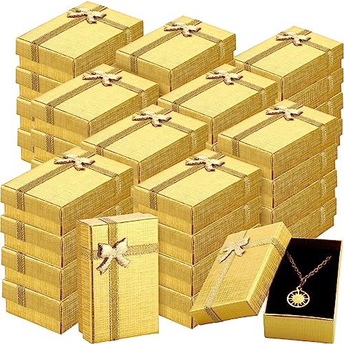 Jetec 96 Pcs Jewelry Gift Boxes 2 x 3.1 x 1.1 Inch Jewelry Boxes Bulk with Ribbon Bowknot Cardboard Small Gift Boxes with Lids Necklaces Bracelet Box Ring Earring Boxes for Jewelry Storage (Gold)