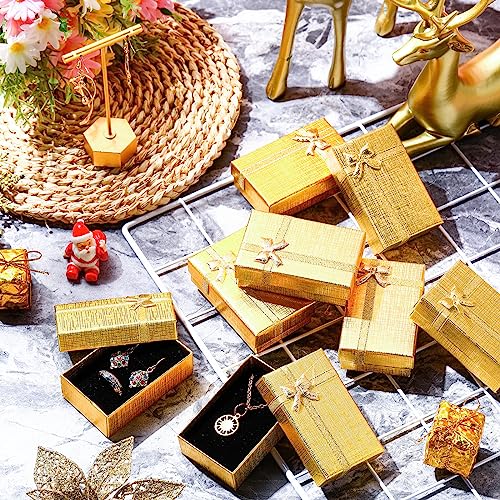 Jetec 96 Pcs Jewelry Gift Boxes 2 x 3.1 x 1.1 Inch Jewelry Boxes Bulk with Ribbon Bowknot Cardboard Small Gift Boxes with Lids Necklaces Bracelet Box Ring Earring Boxes for Jewelry Storage (Gold)