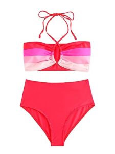 soly hux women's color block halter high waisted bikini set 2 piece swimsuit bathing suits watermelon pink colorblock s