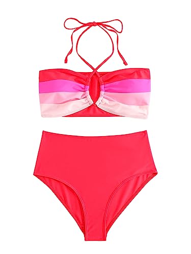 SOLY HUX Women's Color Block Halter High Waisted Bikini Set 2 Piece Swimsuit Bathing Suits Watermelon Pink Colorblock S