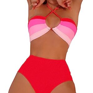 SOLY HUX Women's Color Block Halter High Waisted Bikini Set 2 Piece Swimsuit Bathing Suits Watermelon Pink Colorblock S