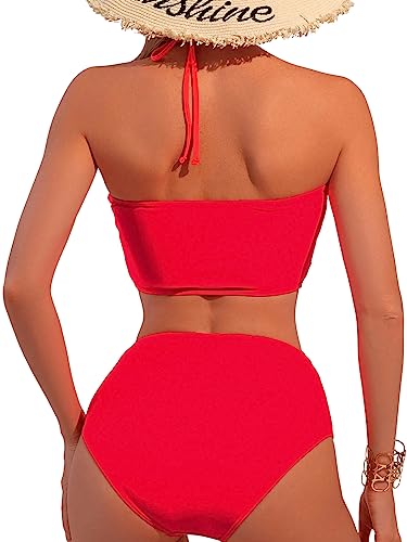 SOLY HUX Women's Color Block Halter High Waisted Bikini Set 2 Piece Swimsuit Bathing Suits Watermelon Pink Colorblock S