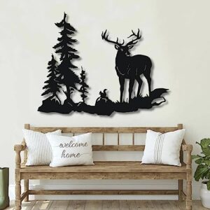 Metal Deer Squirrel Art, Tree Mountain Metal Wall Decor, Deer Decoration, Metal Forest Wall Art, Metal Tree Mountain Decor, Wall Hanging, Nature Signs,Wildlife Metal Wall Decor, Nature View Wall Art (BLACK, 23 x 29.52" / 59.6 x 75 cm)