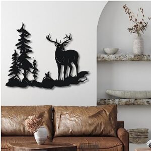 Metal Deer Squirrel Art, Tree Mountain Metal Wall Decor, Deer Decoration, Metal Forest Wall Art, Metal Tree Mountain Decor, Wall Hanging, Nature Signs,Wildlife Metal Wall Decor, Nature View Wall Art (BLACK, 23 x 29.52" / 59.6 x 75 cm)