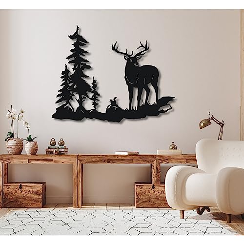 Metal Deer Squirrel Art, Tree Mountain Metal Wall Decor, Deer Decoration, Metal Forest Wall Art, Metal Tree Mountain Decor, Wall Hanging, Nature Signs,Wildlife Metal Wall Decor, Nature View Wall Art (BLACK, 23 x 29.52" / 59.6 x 75 cm)