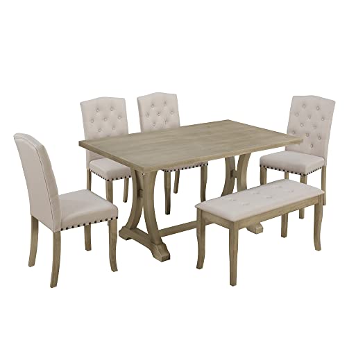 P PURLOVE 6 Piece Dining Table Set, Retro Wood Dining Set with Rectangular Trestle Table, 4 Upholstered Chairs and Bench for Dining Room (Natural Wood Wash)