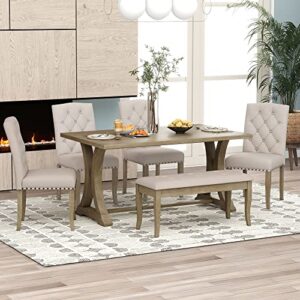 p purlove 6 piece dining table set, retro wood dining set with rectangular trestle table, 4 upholstered chairs and bench for dining room (natural wood wash)