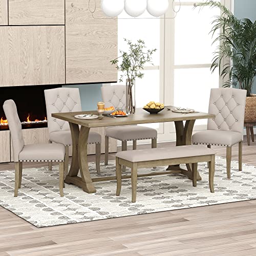 P PURLOVE 6 Piece Dining Table Set, Retro Wood Dining Set with Rectangular Trestle Table, 4 Upholstered Chairs and Bench for Dining Room (Natural Wood Wash)