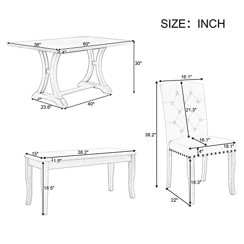 P PURLOVE 6 Piece Dining Table Set, Retro Wood Dining Set with Rectangular Trestle Table, 4 Upholstered Chairs and Bench for Dining Room (Natural Wood Wash)