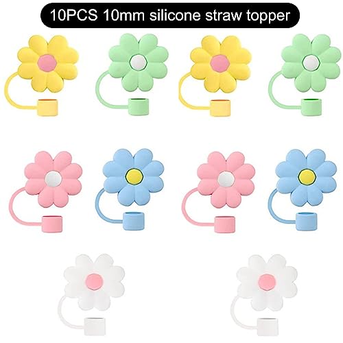 10Pcs Straw Cover Cap for Stanley Cup 40&30 Oz Straw Cap Silicone Straw Tips Cover Cute Cartoon Dustproof Splashproof Drinking Straw Lids Protector (Flower)