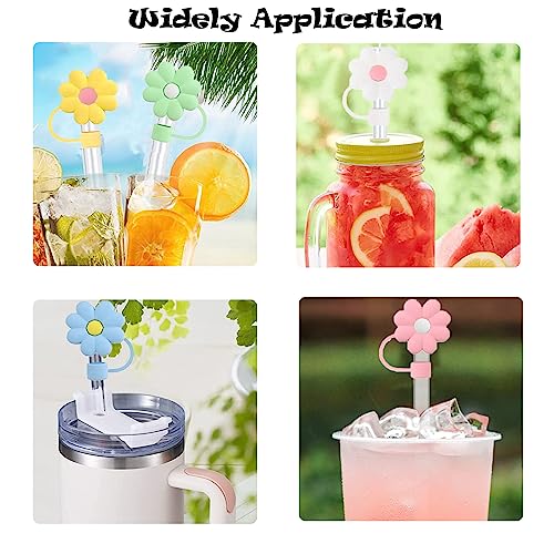 10Pcs Straw Cover Cap for Stanley Cup 40&30 Oz Straw Cap Silicone Straw Tips Cover Cute Cartoon Dustproof Splashproof Drinking Straw Lids Protector (Flower)