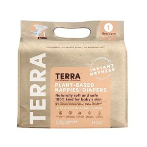 terra size 1 newborn diapers: 85% plant-based diapers, ultra-soft & chemical-free for sensitive skin, superior absorbency for day or nighttime diapers, designed for newborns up to 11 pounds, 24 count