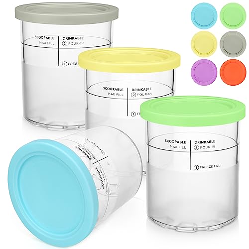 FENKOA Ice Creami Replacement Containers 4 Pack with 6 Colors Lids,Compatible with Ninja NC501 NC500 Series Deluxe Creami Maker, 24 oz Creami Pint Containers, Deluxe Ice Cream Pints and Lids (Yellow, Green,Blue Grey Orange Purple)