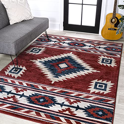 JONATHAN Y SWC100A-8 Serape Medallion Southwestern Indoor Area Rug, Southwestern, Geometric, Country, Bedroom, Kitchen, Living Room, Easy-Cleaning, Non-Shedding, 8 X 10, Red/Navy/Cream