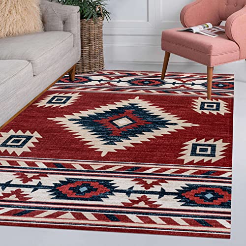 JONATHAN Y SWC100A-8 Serape Medallion Southwestern Indoor Area Rug, Southwestern, Geometric, Country, Bedroom, Kitchen, Living Room, Easy-Cleaning, Non-Shedding, 8 X 10, Red/Navy/Cream