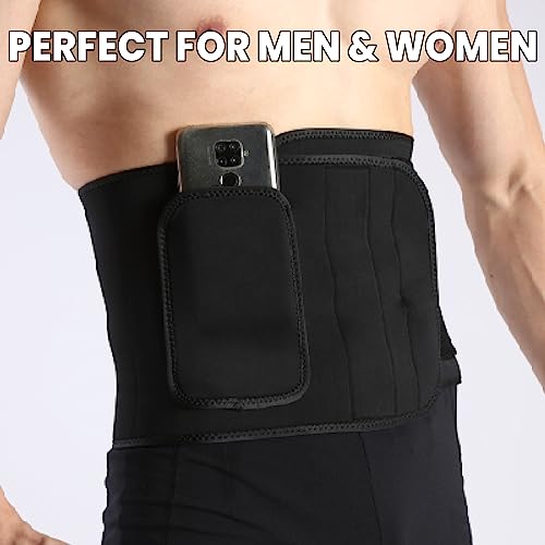 Nano Silver Tech Waist Trainers for Women Belly Fat, Men’s Waist Trimmer Belt and Sweat Band with 3 Strong Adjustable Velcro Straps, Storage Pocket, Reduce Belly Fat and Waistline, Black (Large)